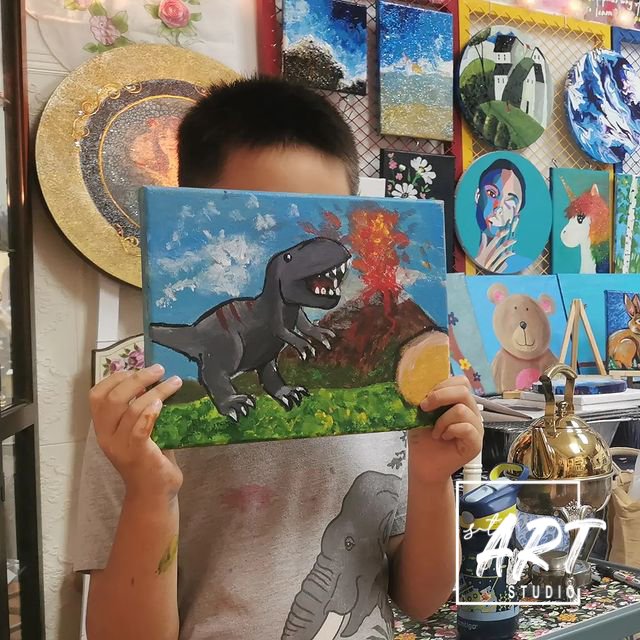 Boy with dinosaur and volcano canvas painting