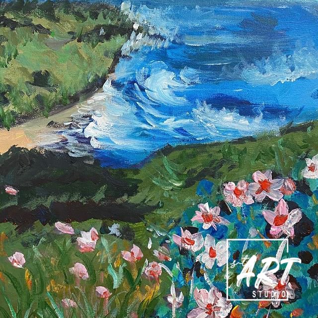 Ocean and flowers landscape painting
