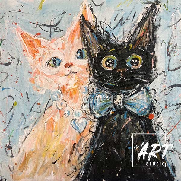 Two cats painting with expressive brushwork